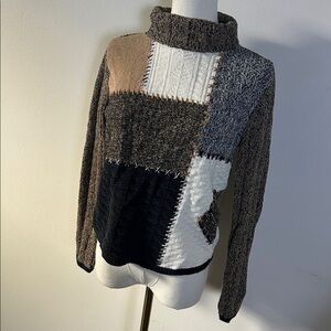 Vtg 90s Womens‎ Patchwork Neutral Color Block Turtleneck Academia Knit Sweater S